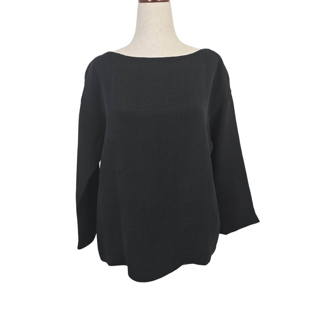 Eileen Fisher Black Silk Rayon Textured Boat Neck Boxy Long Sleeve Top Small